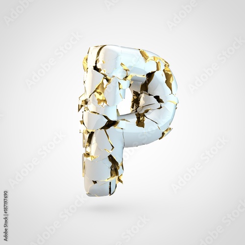 Cracked white letter P uppercase with gold inside.