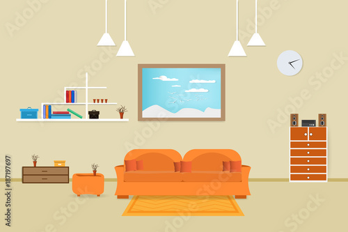 interior living room design relax with sofa orange and bookshelf window in wall background. vector illustration