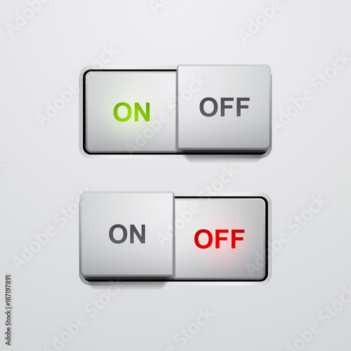 Set of realistic press button in on and off positions, vector button with light effect