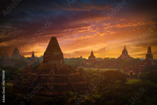 Landscape image of Ancient pagoda at sunset in Bagan  Myanmar.