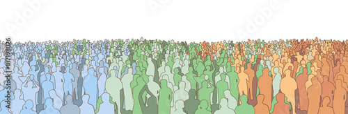 Illustration of large mass of people from wide angle in color
