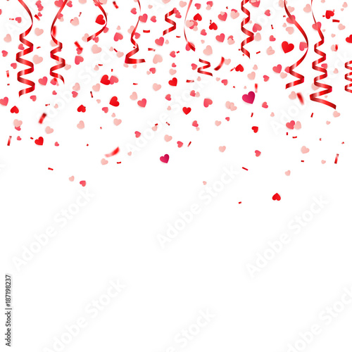 Valentines day red background with hearts. Love symbol. February 14. I love you. Be my valentine. Ribbon. Heart confetti.