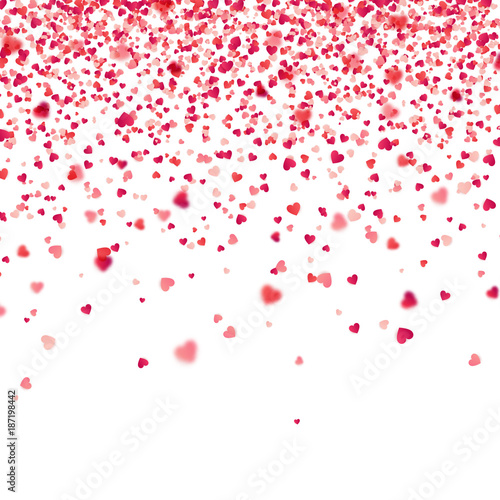 Valentines day red background with blurred hearts. Love symbol. February 14. I love you. Be my valentine. Heart confetti.