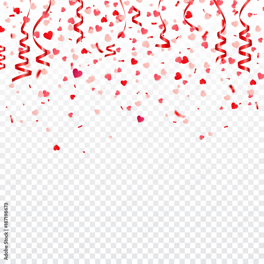 Valentines day red background with hearts. Love symbol. February 14. I love you. Be my valentine. Ribbon. Transparent background. Heart confetti.