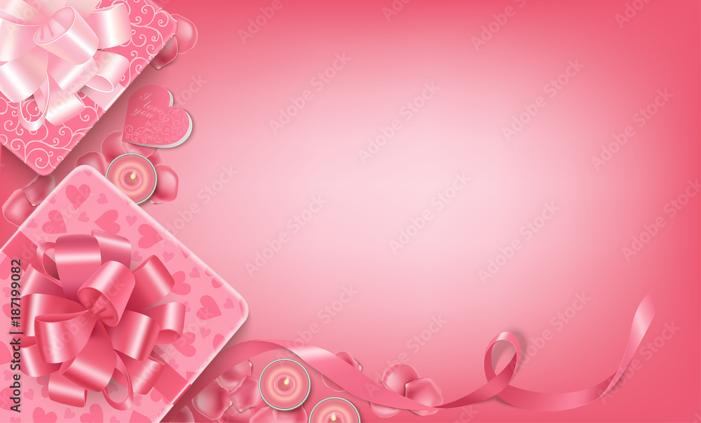 Holiday banner with gift boxes, rose petals, romantic candles, valentine and copy space on the light pink background. Top view. Perfect for design Valentine’s Day greeting cards, flyers. Vector