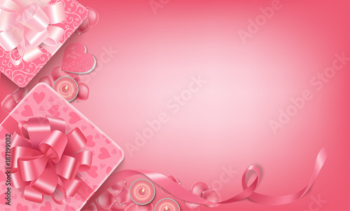 Holiday banner with gift boxes, rose petals, romantic candles, valentine and copy space on the light pink background. Top view. Perfect for design Valentine’s Day greeting cards, flyers. Vector © annagarmatiy