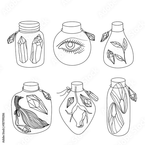 Black and white jars set isolated. Magical eye, crystals gemstones, wings of butterfly and rose flower inside. Hand drawn elements, can be used for design of coloring book. Vector illustration.