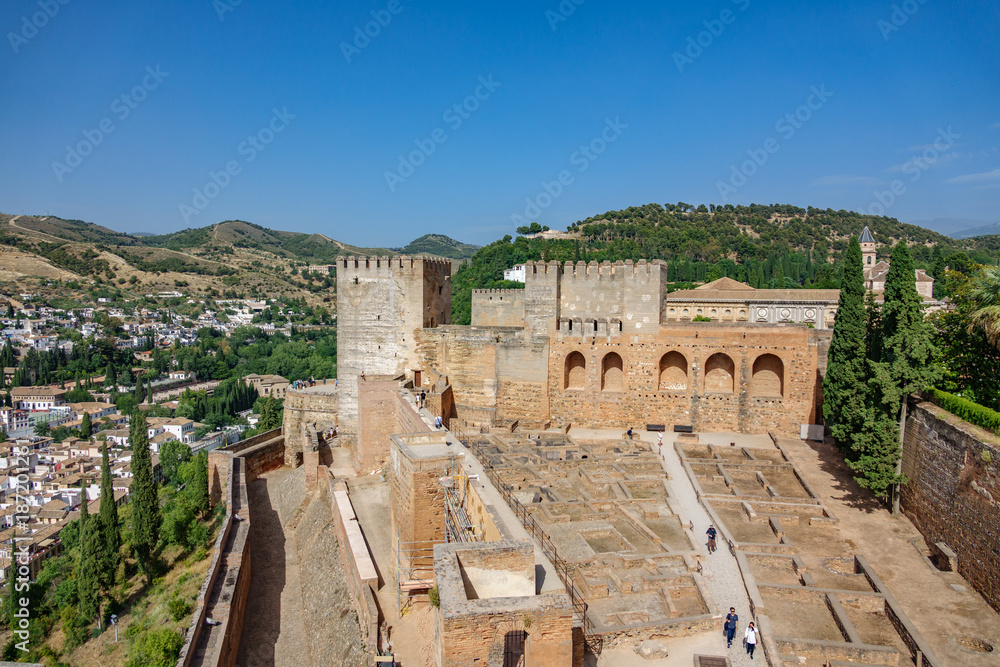 Top view wide angle of Alhambra, city and mountains