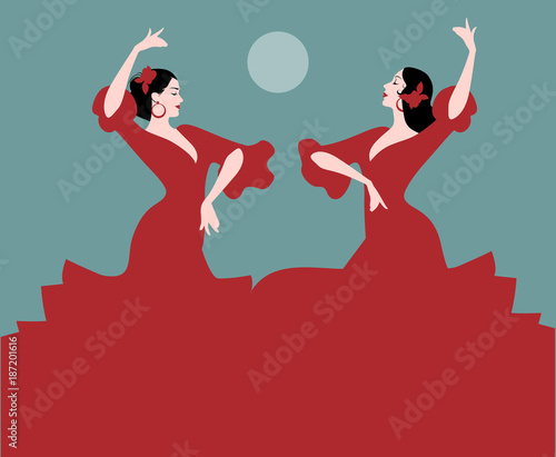 Canvas Print Two Spanish flamenco dancers dancing sevillanas, typical Spanish dance