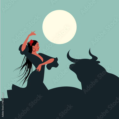 Elegant and beautiful Spanish flamenco dancer with long hair, dancing in front of a bull under the moon