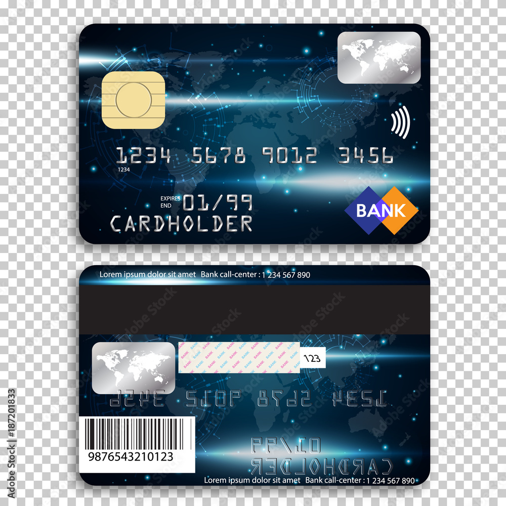 Realistic detailed credit card. Front and back side. Vector illustration of  bank card on transparent background. Stock Vector | Adobe Stock