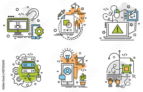 Set of outline icons of Development..Colorful icons for website, mobile, app design and print.