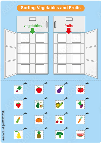 Sorting Fruits and Vegetables in refrigerator, worksheet for kindergarten