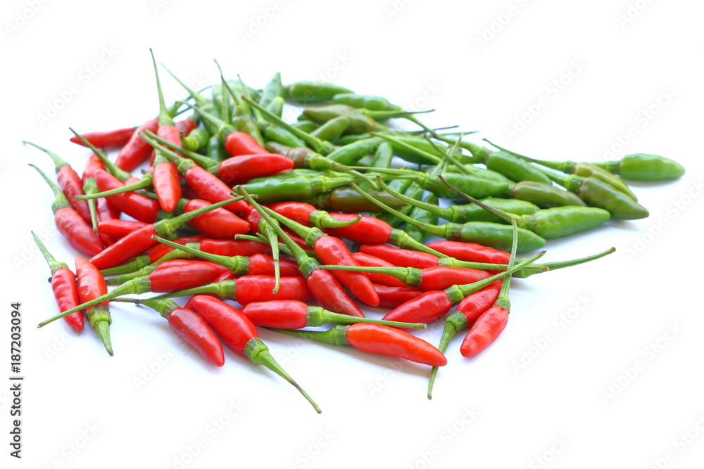 Group of green and red chillies on white background Group of green and red chillies on white background