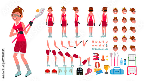 Lacrosse Player Female Vector. Animated Character Creation Set. Girl s Lacrosse. Woman Player. Full Length, Front, Side, Accessories, Poses, Face Emotions, Gestures. Isolated Flat Cartoon Illustration