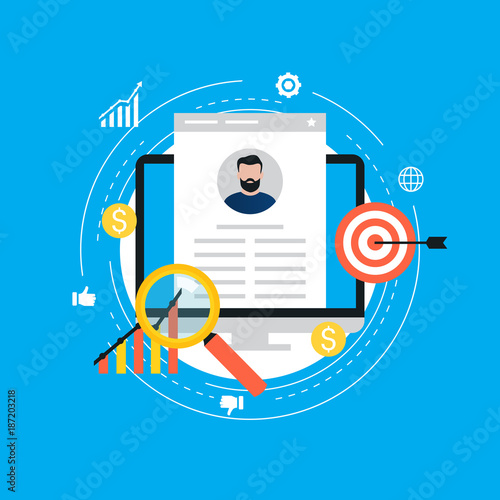 Job recruitment, job candidate evaluation flat vector illustration. Job candidate 
 CV assessment, interviewing, selection, recruiting. Design for web banners and apps