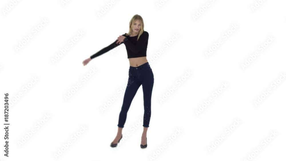 teenager in jeans dancing street dance on white teenager in jeans dancing street dance on white