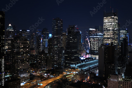 Panorama of skyscrapers of New York City, Manhattan. View of night midtown of Manhattan
