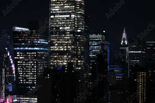 Panorama of skyscrapers of New York City, Manhattan. View of night midtown of Manhattan