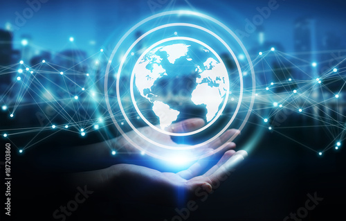 Wallpaper Mural Businesswoman using planet earth network sphere 3D rendering Torontodigital.ca