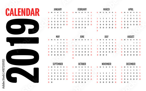 2019 Calendar Design Template Vector Illustration Simple Clear Week Start from Sunday