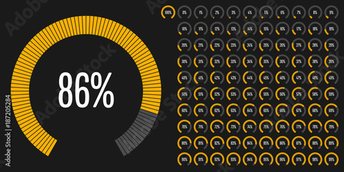Set of circular sector percentage diagrams from 0 to 100 ready-to-use for web design, user interface (UI) or infographic - indicator with yellow