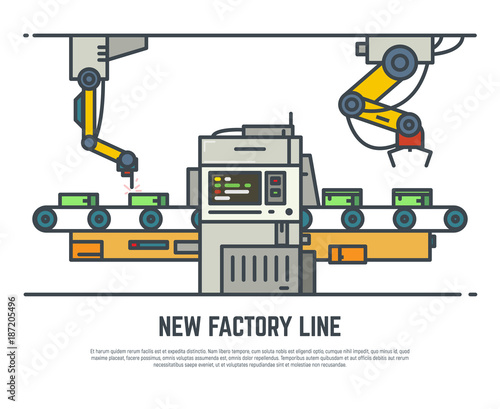 Factory line conveyor vector line illustration. Production assembly belt. Factory industry process. 