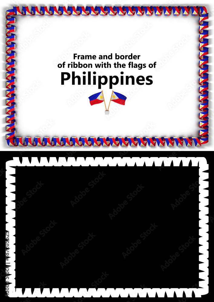 Fototapeta premium Frame and border of ribbon with the Philippines flag for diplomas, congratulations, certificates. Alpha channel. 3d illustration