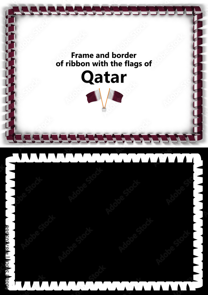 Frame and border of ribbon with the Qatar flag for diplomas, congratulations, certificates. Alpha channel. 3d illustration Frame and border of ribbon with the Qatar flag for diplomas, congratulations, certificates. Alpha channel. 3d illustration