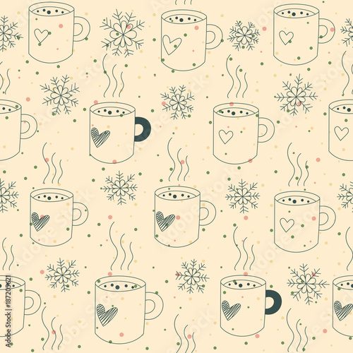 Vintage winter seamless pattern. Vector illustration. Cute mugs of tea, or hot chocolate, and snowflakes. Perfect for design of a wrapping paper, textile, fabric. © Marina Demidova