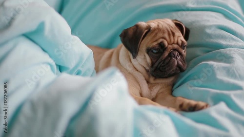 Puppy the pug on the blue blanket.