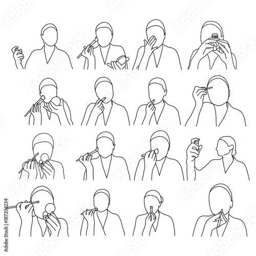 set of woman using cosmetics to makeup vector illustration outline sketch hand drawn with black lines isolated on white background