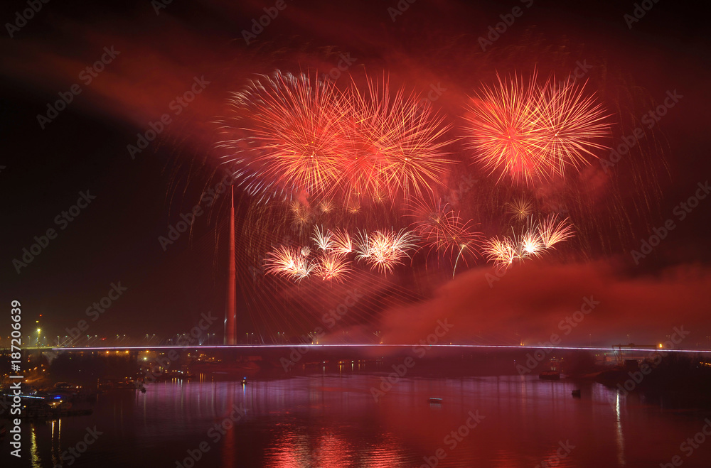 Fototapeta premium Fireworks above bridge