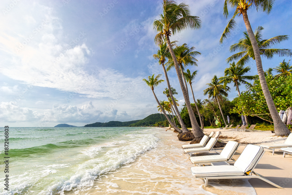 Peaceful paradise seascape of sunbeds under tropical palm trees on beautiful empty exotic luxury Bai Sao sandy beach in Vietnam on Phu Quoc island - obrazy, fototapety, plakaty 