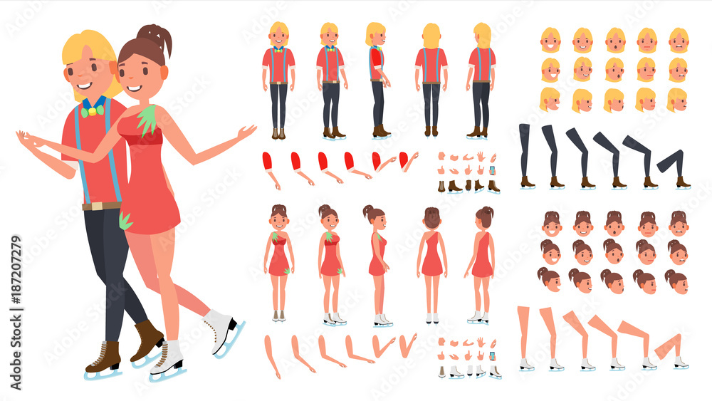 Naklejka premium Figure Skating Couple Vector. Woman And Male. Ice Skating. Animated Character Creation Set. Full Length, Front, Side, Back View, Face Emotions, Gestures. Isolated Flat Cartoon Illustration