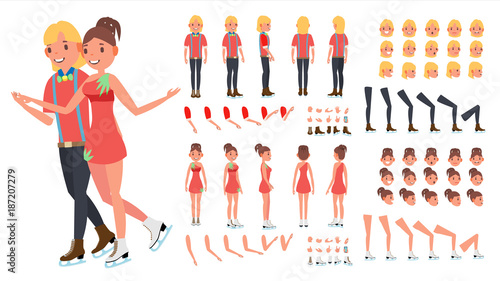 Figure Skating Couple Vector. Woman And Male. Ice Skating. Animated Character Creation Set. Full Length, Front, Side, Back View, Face Emotions, Gestures. Isolated Flat Cartoon Illustration