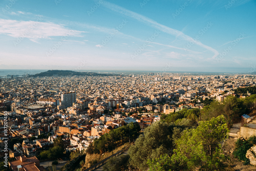 Obraz premium Summer view of Barcelona city from Santa Maria del mar. Catalonia, Spain