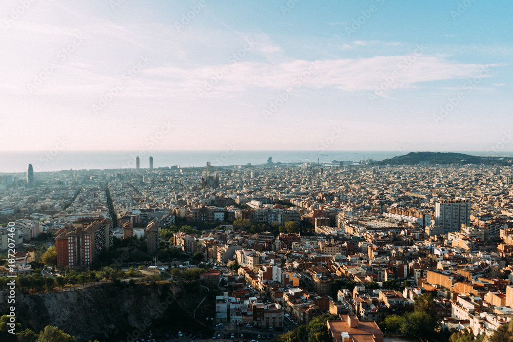 Summer view of Barcelona city from Santa Maria del mar. Catalonia, Spain