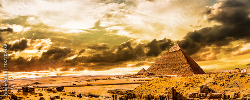 Great Pyramids of Giza, Egypt, at sunset photo