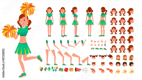 Cheerleader Girl Vector. Animated Character Creation Set. Sport Fan Dancing Cheerleading Woman. Full Length, Front, Side, Back View, Accessories, Poses, Face Emotions, Gestures. Isolated Flat Cartoon