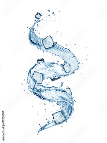 Abstract shape of water splash with pile of ice cubes, isolated on white background