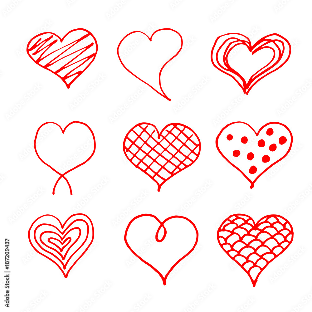 Valentines day hearts doodles set. Romantic stickers collection. Hand drawn effect vector