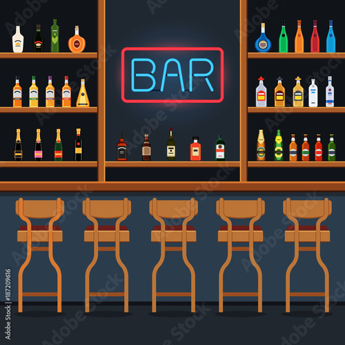 Bar stand with chairs and bottles of alcohol on shelves with neon sign. Vector illustration in flat style