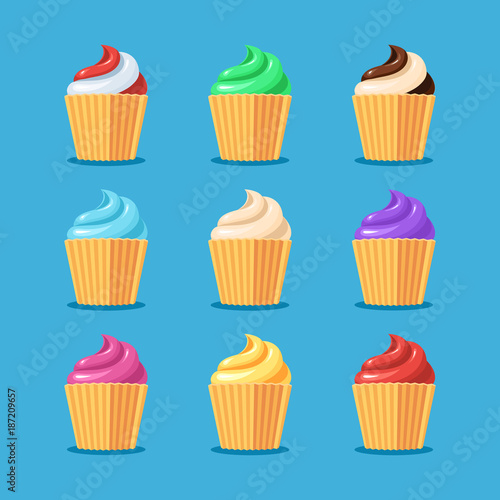 Cupcakes symbols set. Vector illustration in cartoon style on blue background