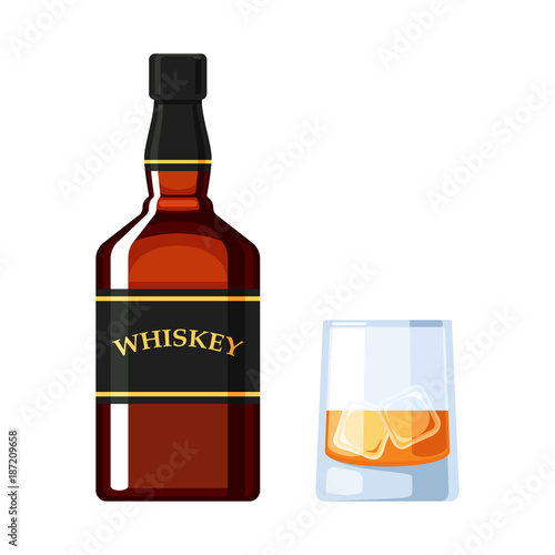 Bottle of whiskey and a glass of ice cubes. Vector illustration, isolated on white background for web design banner, poster or greeting card