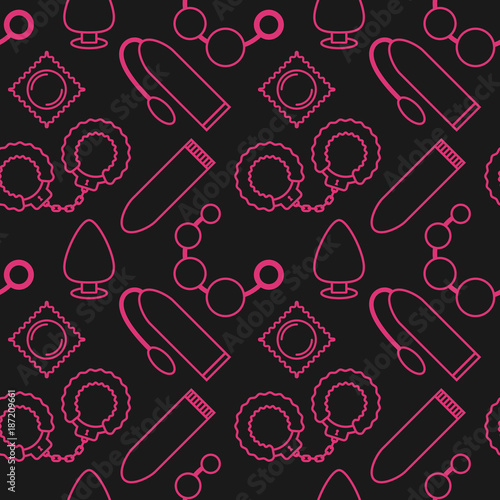 Vector seamless pattern of sex toys in the linear flat style.