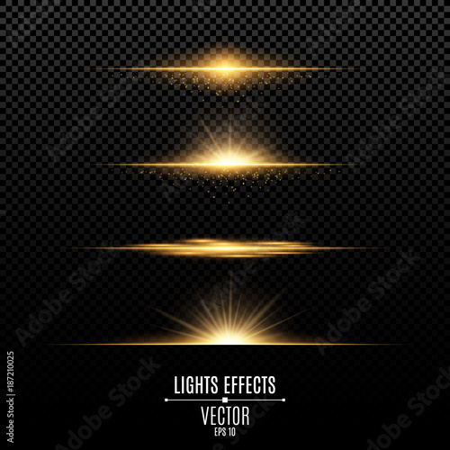 Golden lights effects isolated on a transparent background. Bright flashes and glare of gold color. Golden rays of light. Glowing lines. Vector.