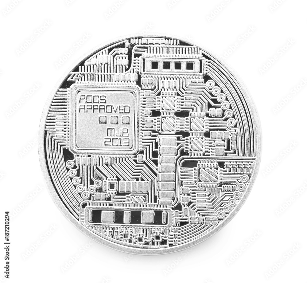 Silver bitcoin on white background
