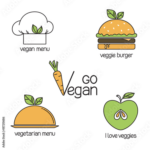 Set of vector icons for vegan and vegetarian concept, food and restaurant menu