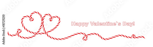 Liebes Herzen aus rot-weiße Kordel Schnur,
Schleifen Banner „Happy Valentines Day“,
Vektor Illustration isoliert auf weißem Hintergrund
